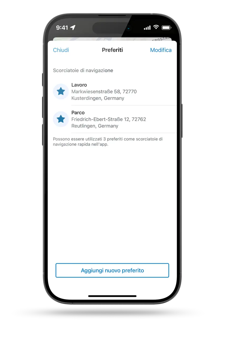 screenshot di uno smartphone che mostra le scorciatoie di navigazione dell'app eBike Flow, inclusi due preferiti, "Work" e "Park", e l'opzione "Aggiungi nuovo preferito".