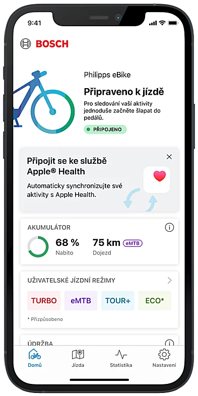 Snímek obrazovky zobrazující domovskou stránku aplikace eBike Flow na chytrém telefonu.
