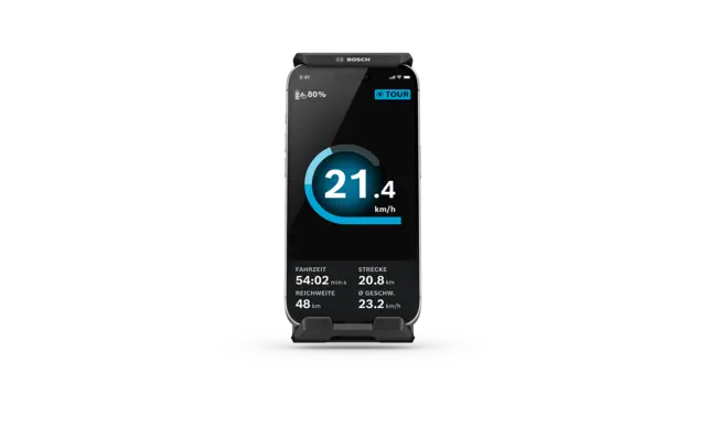 A smartphone, securely held in the SmartphoneGrip Vertical, serves as an on-board computer and displays the ridescreen.
