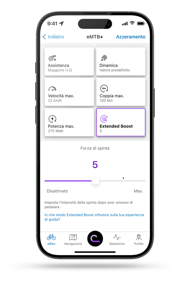 smartphone che mostra l'app eBike Flow con l inline impostazione aperta per Extended Boost nella modalità eMTB+.