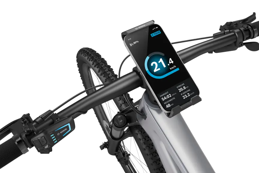 Detailaufnahme des Lenkers eines eBikes, an dem ein SmartphoneGrip Vertical mit eingesetztem Smartphone mittig platziert ist.
