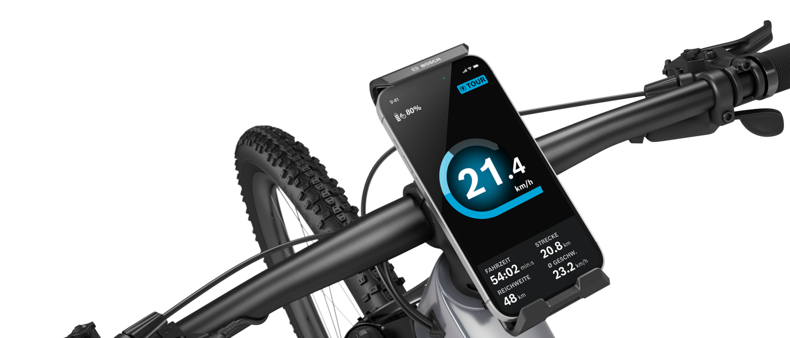 Detailaufnahme des Lenkers eines eBikes, an dem ein SmartphoneGrip Vertical mit eingesetztem Smartphone mittig platziert ist.