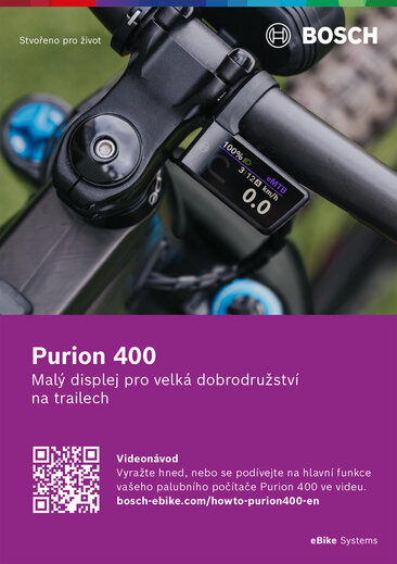Průvodce rychlým startem Purion 400: Detailní záběr Purionu 400 na řídítkách jízdního kola. Pod ním je text "Purion 400 Malý displej pro velká trailová dobrodružství." na fialovém pozadí s QR kódem, vedle kterého je nápis "Návodní video - Jezděte ihned nebo si prohlédněte nejdůležitější funkce vašeho Purionu 400 ve videu. bosch-ebike.com/howto-purion400-de". V levém horním rohu obrázku je nápis "Technika pro život", v pravém horním rohu logo Bosch a v pravém dolním rohu eBike Systems".