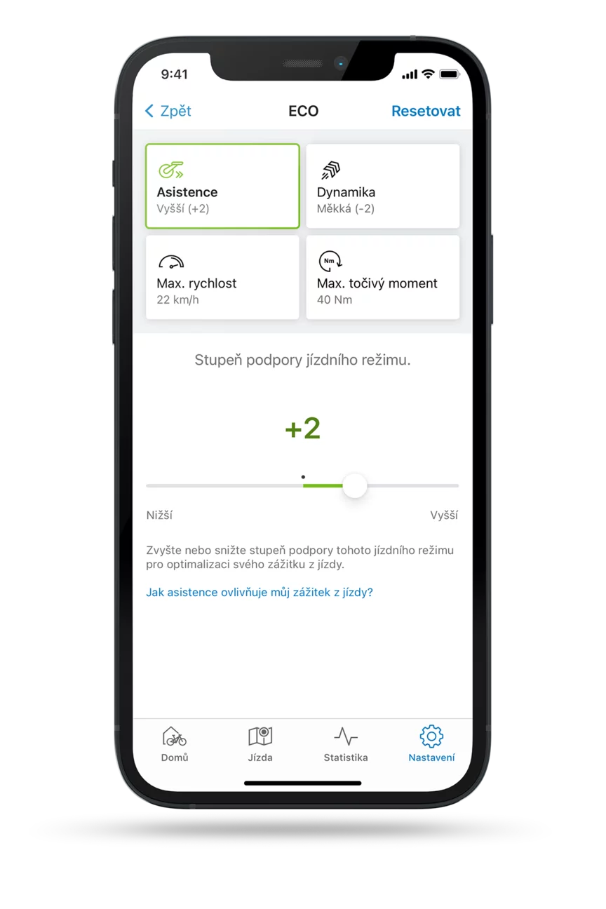 Izolovaný screenshot eBike Flow App s otevřeným nastavením funkce podpora v režimu ECO.