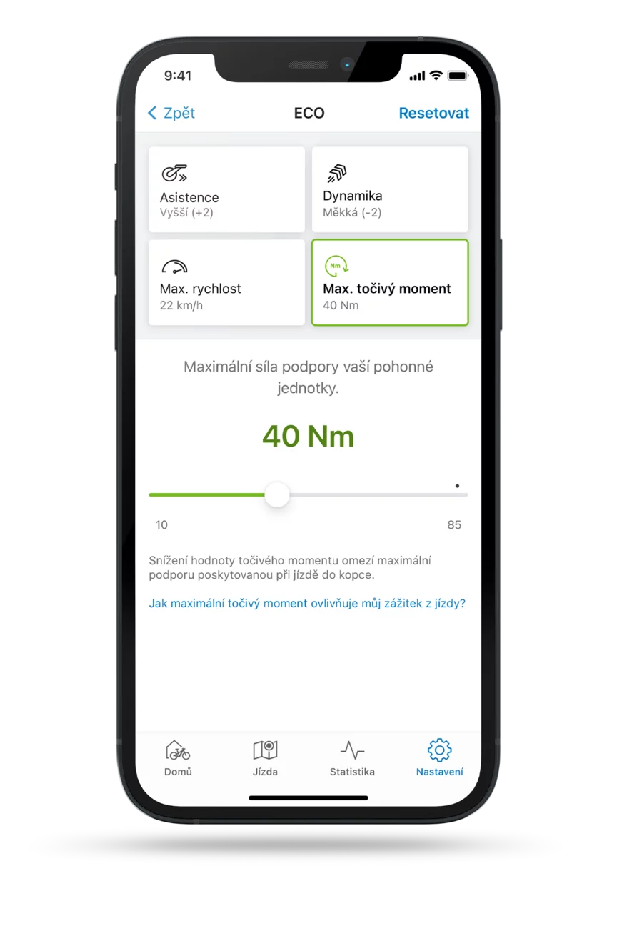Oříznutý snímek obrazovky aplikace eBike Flow s otevřeným nastavením pro omezení maximálního točivého momentu v režimu ECO