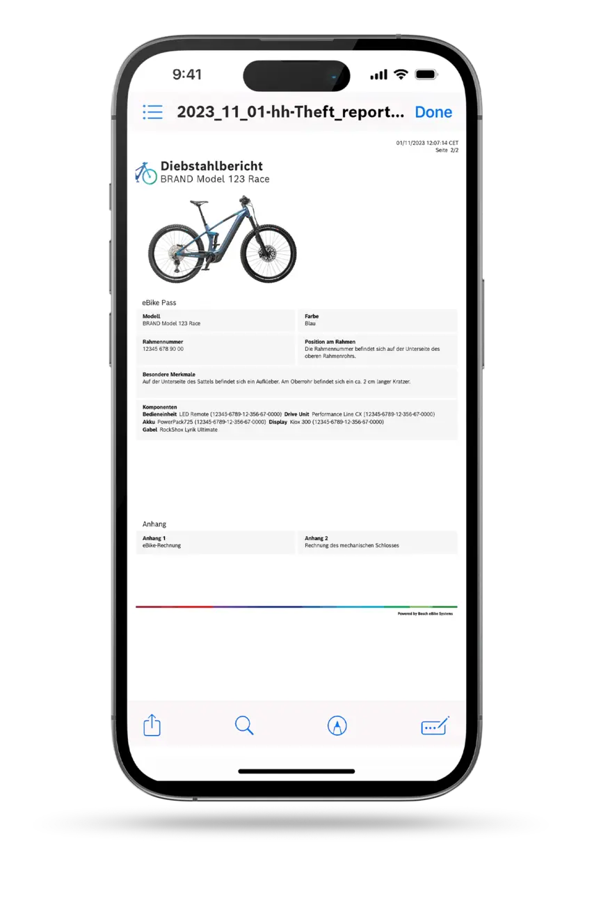 Sur un smartphone exempté, un rapport de vol peut être vu dans l'application eBike Flow.