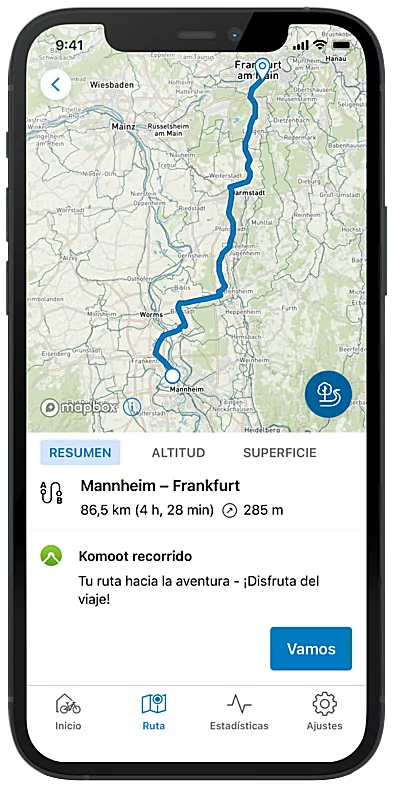 Se ve un teléfono recortado que muestra un mapa con una ruta.