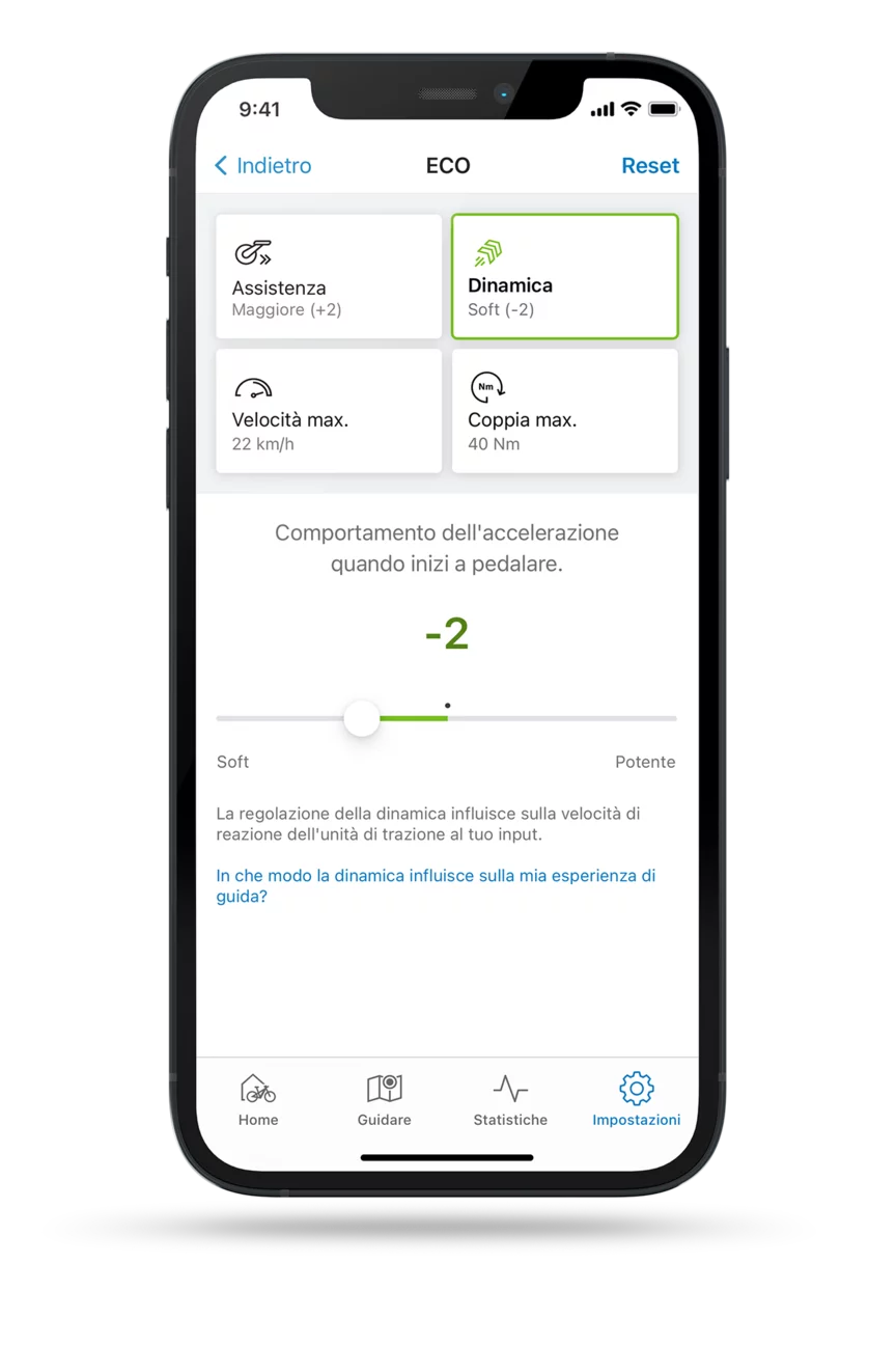 Schermata isolata eBike Flow App con l’impostazione aperta della dinamica di guida in modalità ECO.