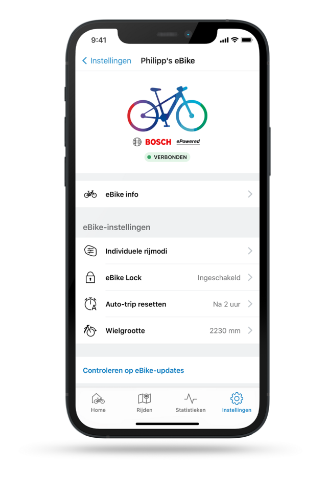 Screenshot van een smartphone met de geopende eBike Flow-app, met informatie en instellingen voor de geselecteerde eBike.