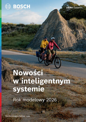 Okładka broszury produktowej z tekstem Nowość dla inteligentny system", w tym "rok modelowy 2025". Na tle widać dwóch rowerzysta. W prawym górnym rogu znajduje się napis "rower ze wspomaganiem elektrycznym / e-rower Systems".