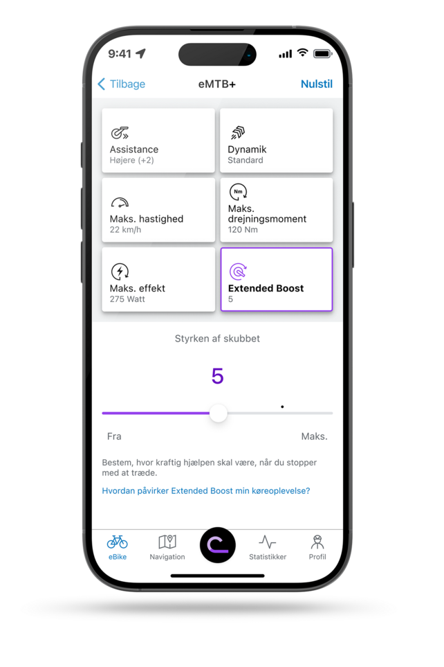 smartphone, der viser eBike Flow-app med indstillingen åben for Extended Boost i eMTB+-tilstand.
