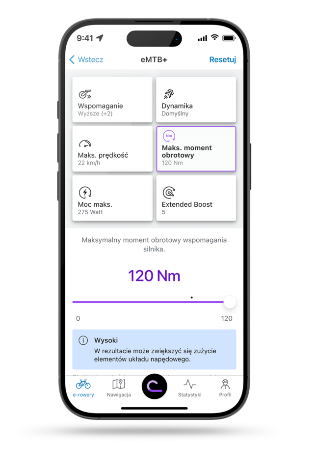 Smartfon, który pokazuje aplikacja eBike Flow z otwartym ustawieniem na maksymalny moment obrotowy w tryb eMTB+.
