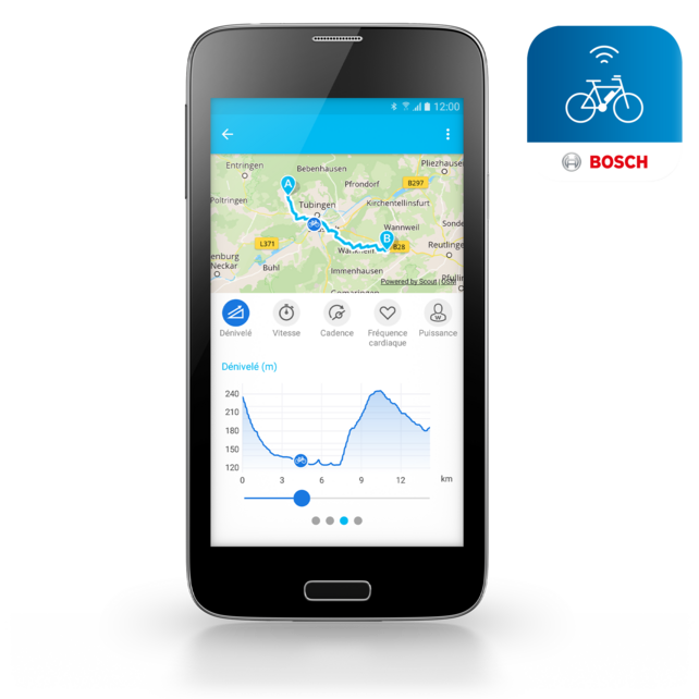 Smartphone recadré avec l’icône de l’application Connect et la planification de l’itinéraire ouverte dans l’application Connect sur fond gris clair.