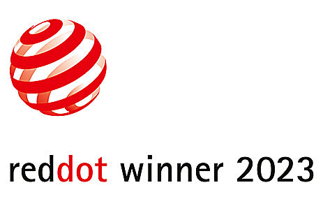 Icon with the text "Reddot Winner 2023" in black and red font, accompanied by a red sphere symbol.