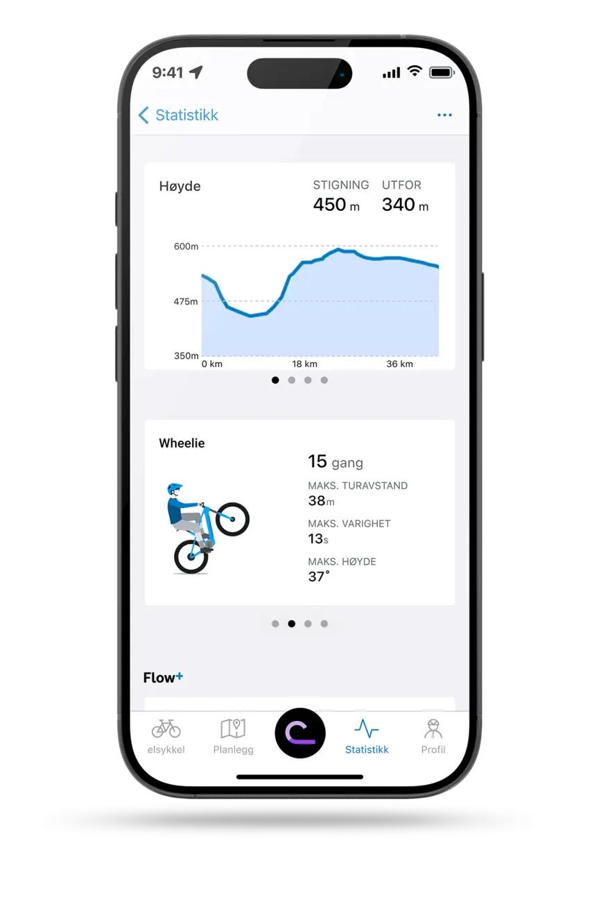 Skjermbilde av en smarttelefonskjerm som viser statistikksiden til eBike Flow-app. Øverst vises et høydekart med oppstigning og nedstigning, under finner du "wheelie"-statistikk med maksimale verdier. Nederst er navigasjonslinjen med «elsykkel», «Planlegging», flyt-symbolet, «Statistikk» og «Profil».
