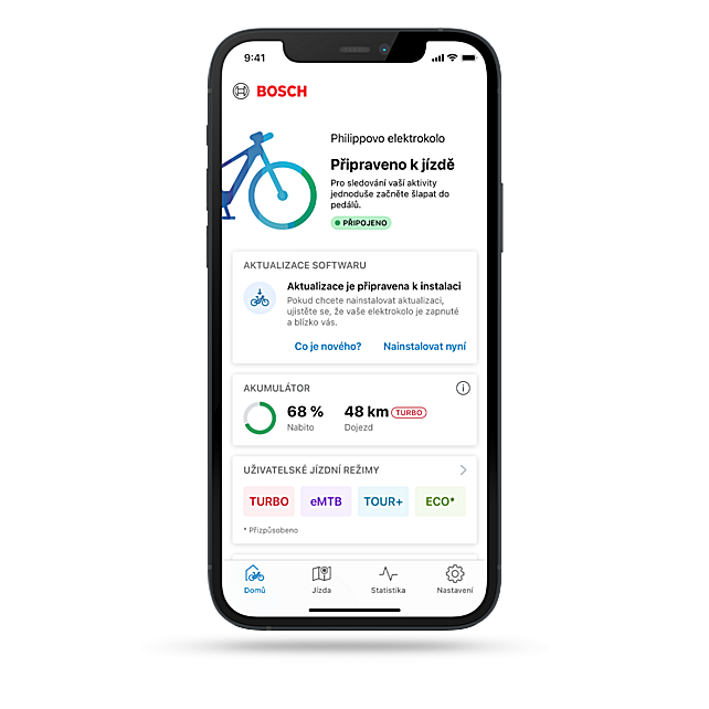 Domovská stránka aplikace eBike Flow poskytuje informace o elektrokole, stavu baterie, jízdních režimech a plánované údržbě.