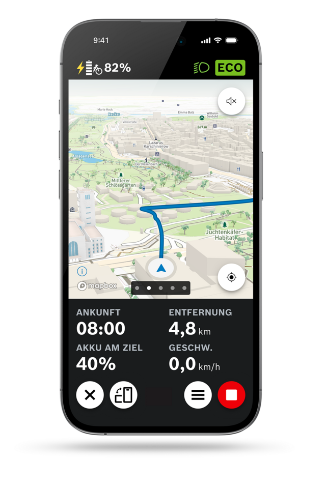 eBike Flow App: Screenshot der Kartenansicht der Navigation mit 3D-Kartenansicht.