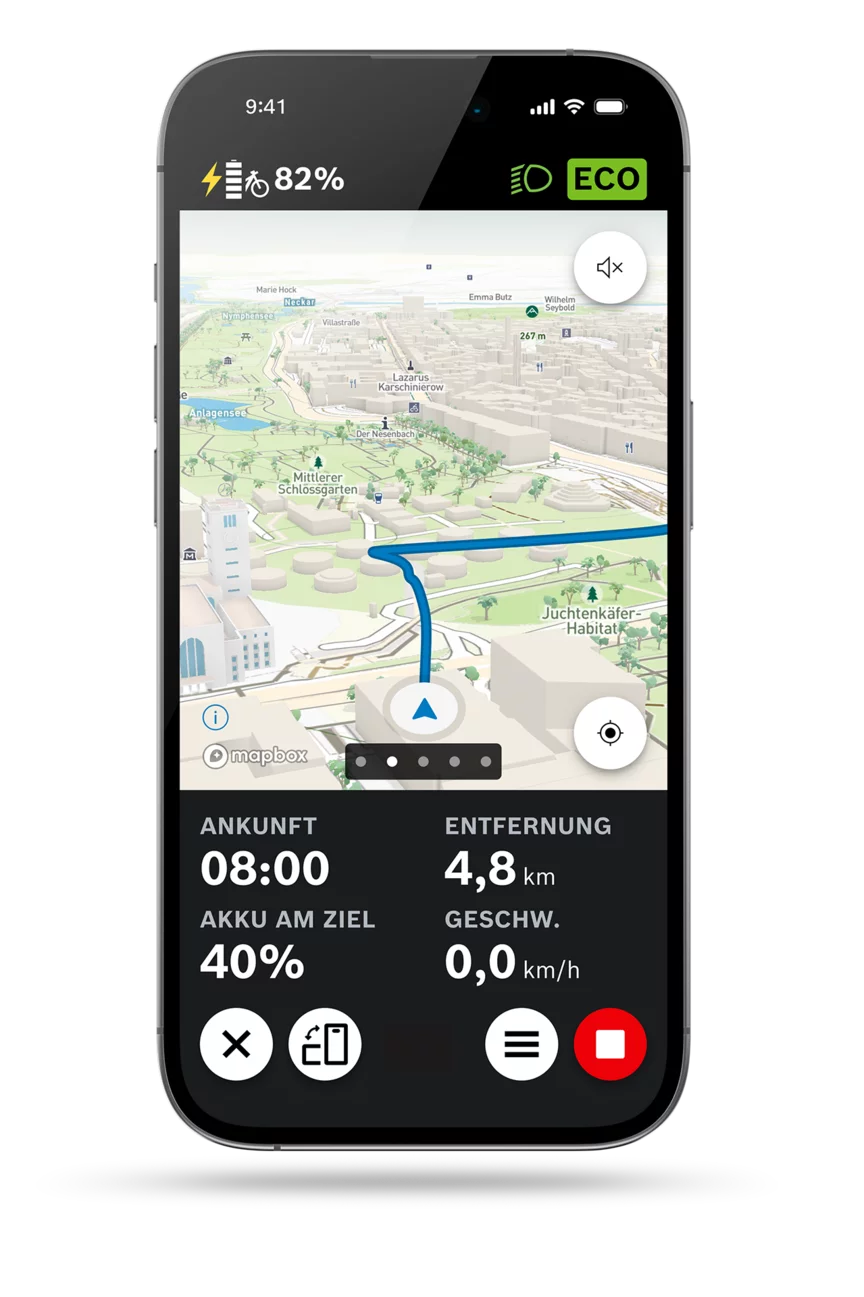 eBike Flow App: Screenshot der Kartenansicht der Navigation mit 3D-Kartenansicht.
