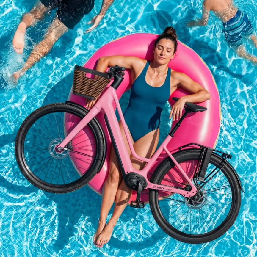 Person auf pinkem Schwimmring im Pool hält ein rosa Bosch eBike mit Frontkorb, umgeben von blauem Wasser