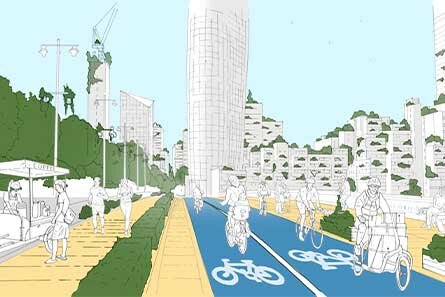 Edward Crooks and Bosch eBike Systems show how Blackfriars Bridge could be envisioned, with car lanes moving aside to create bike highways as well as spaces for recreation, relaxation and active lifestyles.