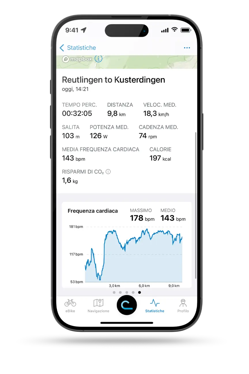 Smartphone ritagliato con app eBike Flow aperta che mostra le statistiche di guida di un viaggio da Reutlingen a Kusterdingen.