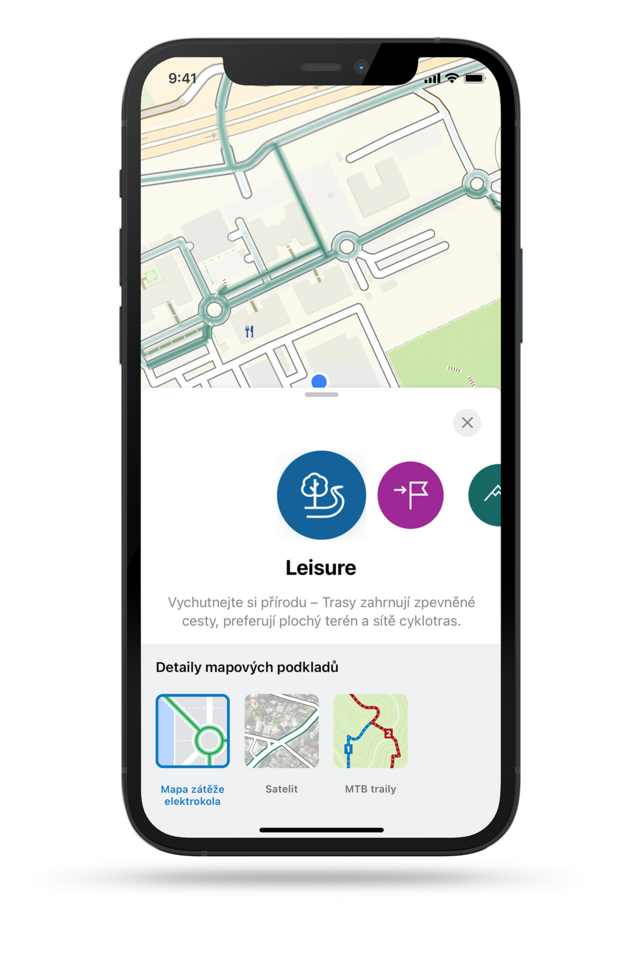 Profil trasy "Volný čas" v aplikaci eBike Flow umožňuje nastavení zobrazení mapy.