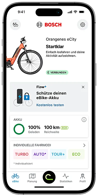 Screenshot der eBike Flow App: Startbildschirm mit Hinweis zur Funktion "Schütze deinen eBike-Akku" und Möglichkeit zum kostenlosen Test.