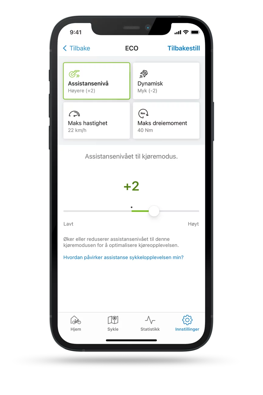 Isolert skjermbilde av eBike Flow-app med åpen innstilling for assistansefunksjonen i ECO-modus.