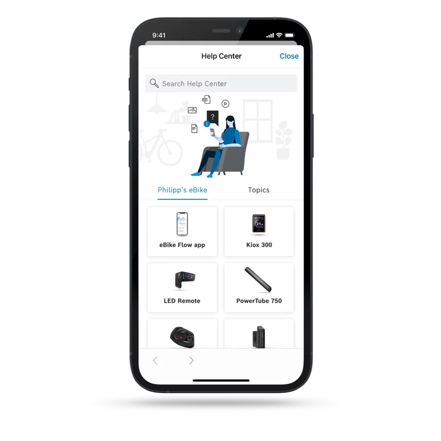 Cropped display of the eBike Flow app with an open Help center, which can be searched for questions and shows which components are installed in the stored eBike.