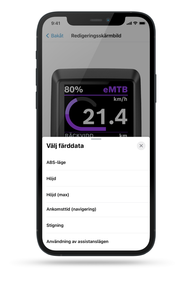 Skärmdump av smarttelefonens display som visar displaykonfigurationen i eBike Flow-appen, inklusive olika möjliga inställningar.