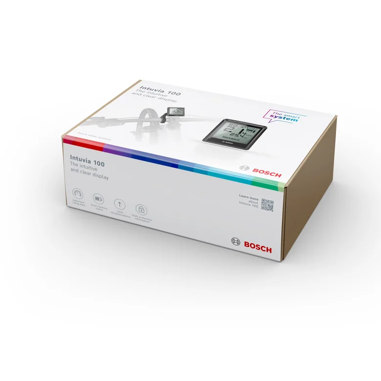 Una confezione che presenta Bosch Intuvia 100. La scatola mostra l’immagine del prodotto e le diverse funzioni.