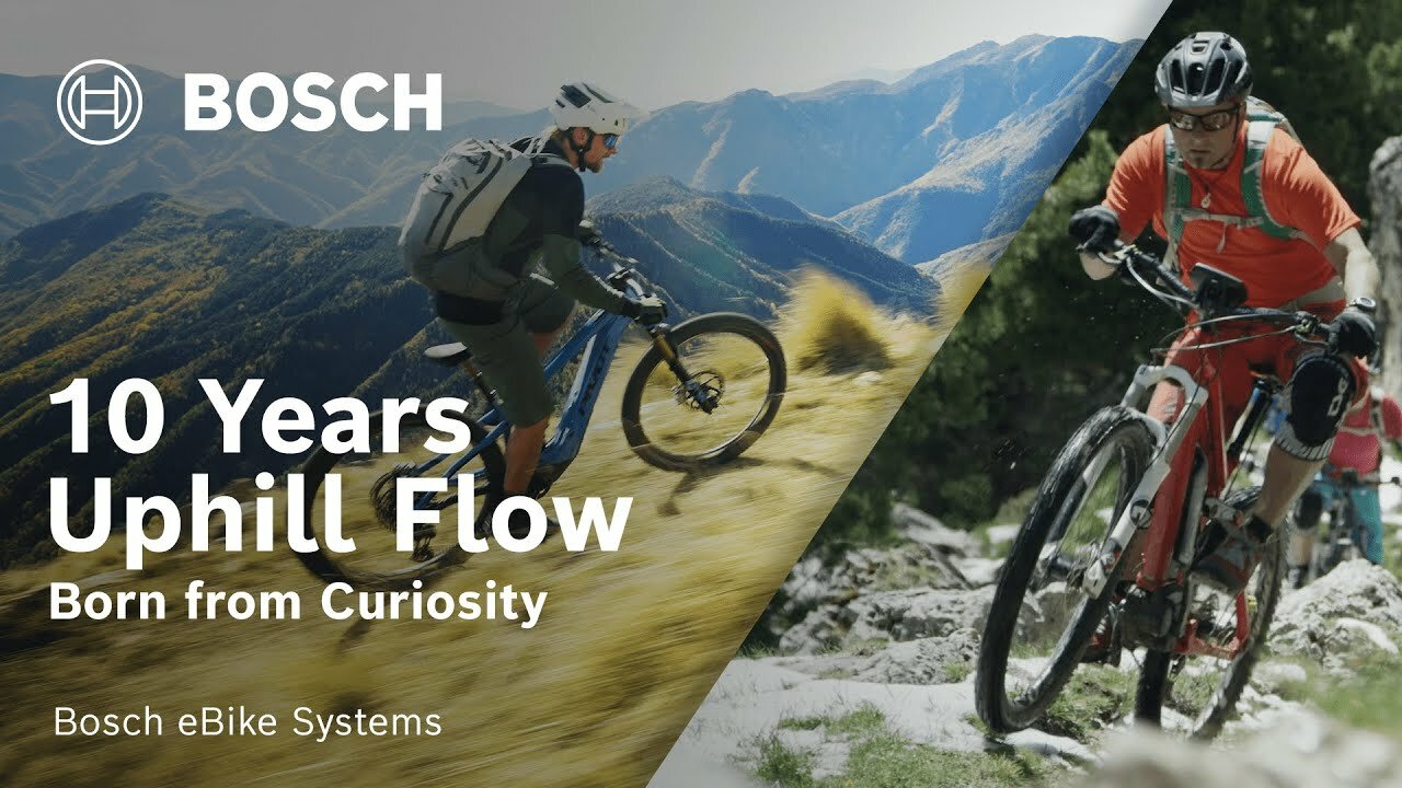 A split image showing eMountain bike riders climbing grassy and rocky mountain trails. The picture features the text '10 Years Uphill Flow Born from Curiosity Bosch eBike Systems' and the Bosch logo.