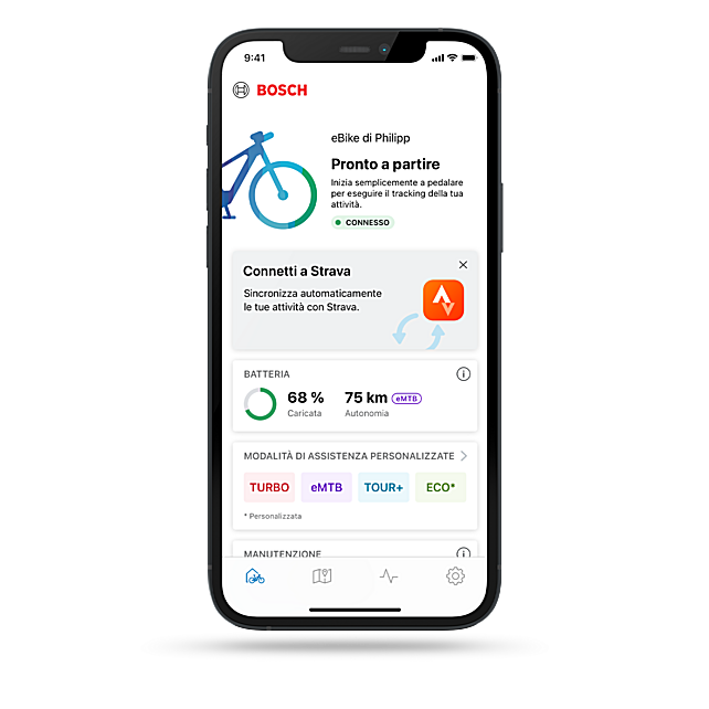 Un telefono opzionale con l'app eBike Flow aperta e la nota per collegarsi all'app Strava.