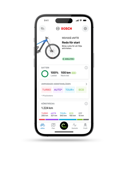 Frilagt smartphone med ikonen eBike Flow-app och den öppna startskärmen i eBike Flow-appen.