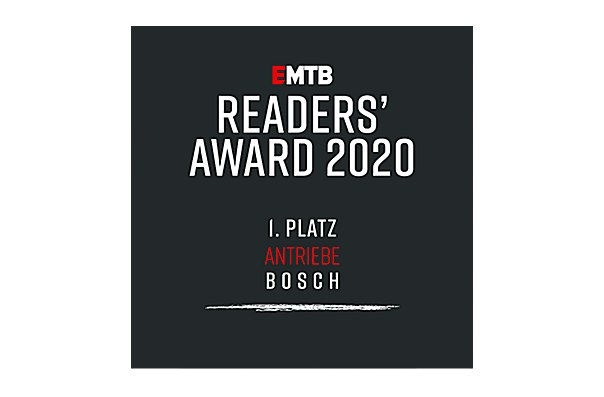 Icon with the text "EMTB READERS' AWARD 2020 1ST PLACE FOR BOSCH DRIVES" in white and red letters on a dark gray background.
