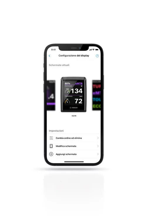 Schermata del display del telefono che mostra la configurazione del display nell'app eBike Flow, inclusa delle possibili impostazioni.