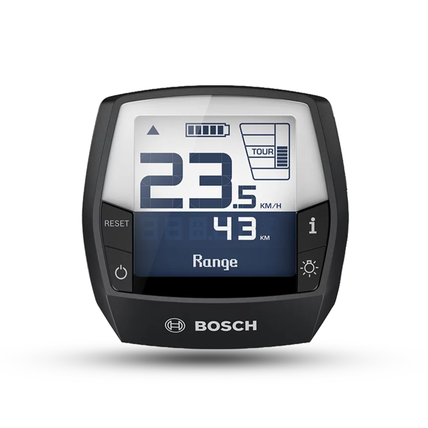 The Intuvia display of the Bosch eBike system 2 is shown isolated against a white background. The display prominently shows the speed in km/h and the range in km. It also displays the battery level and the riding mode.