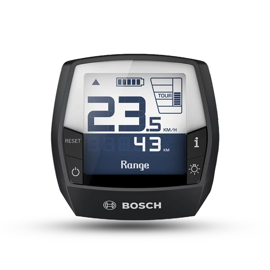 The Intuvia display of the Bosch eBike system 2 is shown isolated against a white background. The display prominently shows the speed in km/h and the range in km. It also displays the battery level and the riding mode.