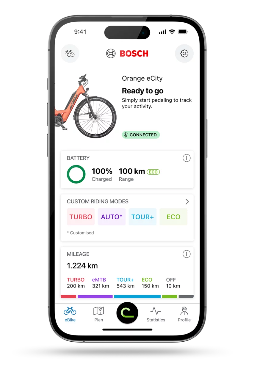 Start screen of the eBike Flow app for iOS displayed on a smartphone.