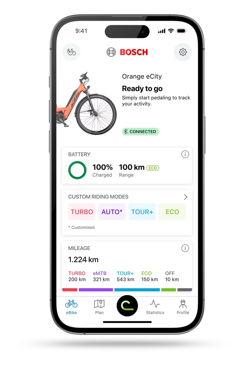 Start screen of the eBike Flow app for iOS displayed on a smartphone.