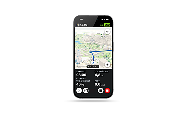 Skjermbilde av en telefon med eBike Flow-app åpen som viser funksjonen for 3D-kartvisning.