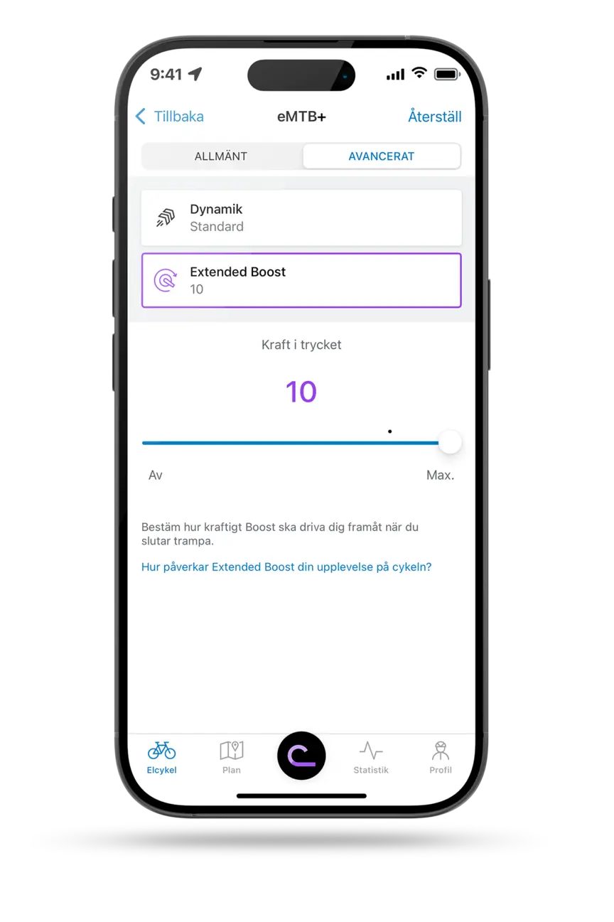 vy av Bosch eBike Flow-app som visar Extended Boost-inställningen i eMTB+-läge. Reglaget för mängden dragkraft efter trampning är inställt på värdet 10.
