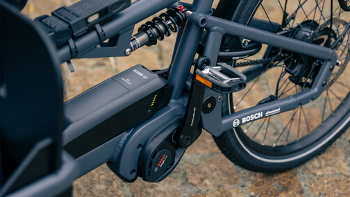 Close-up of a Bosch battery on a black eBike.