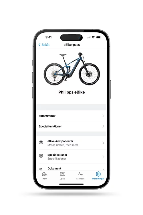 eBike-passet visas på en fristående smartphone bredvid en eBike tillsammans med relevant information.