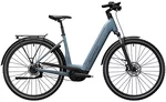 A gray and blue low-step-through eBike set against a white background.