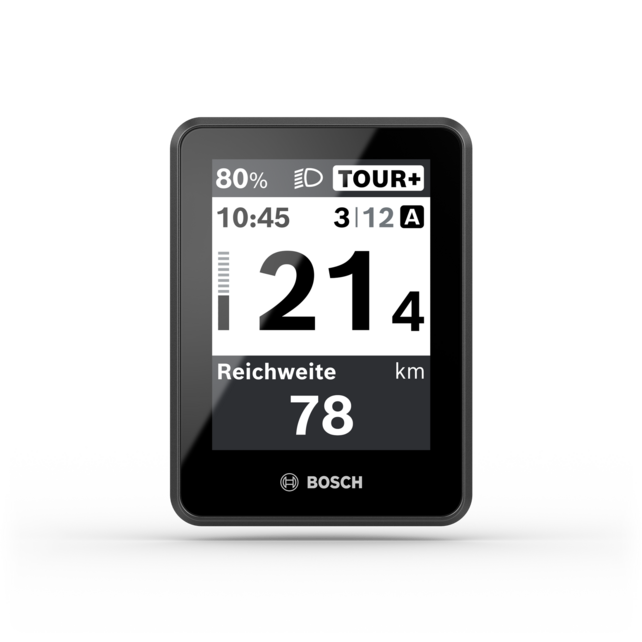 Nahaufnahme Bosch eBike Display Intuvia 200, welches Angaben zur Geschwindigkeit, Akkustand, Fahrmodus und Distanz anzeigt.