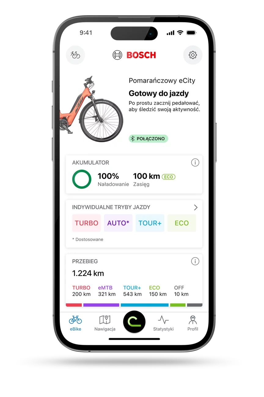 Ekran startowy aplikacji eBike Flow dla IOS widoczny na smartfonie.