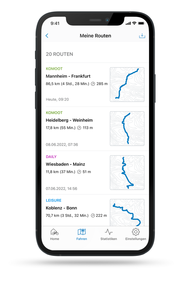 Screenshot eines Smartphones zeigt die zurückgelegten Routen, aufgezeichnet in der eBike Flow App, mit Details zu Strecke , Zeit und Modus (Routenprofil).