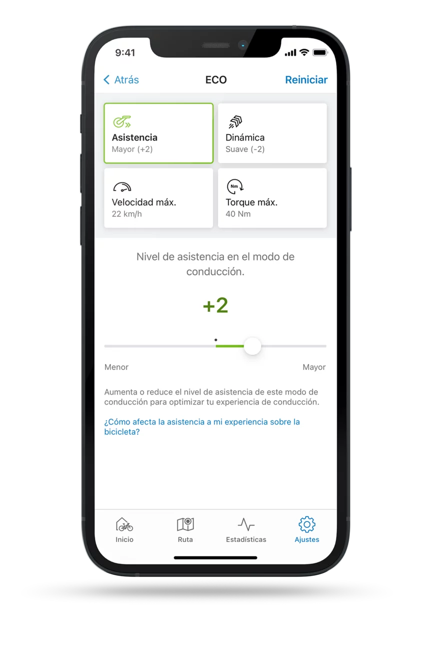Captura de pantalla aislada de la aplicación eBike Flow con la configuración abierta para la función asistencia en modo ECO.