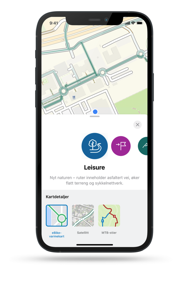 Ruteprofilen "Fritid" i eBike Flow-appen har innstillingsmuligheter for kartvisningen.